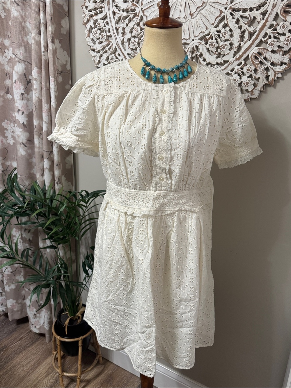 J. Crew Ivory Boho Eyelet & Lace Mini Dress Button-front Accent ~ Size 4 NWT